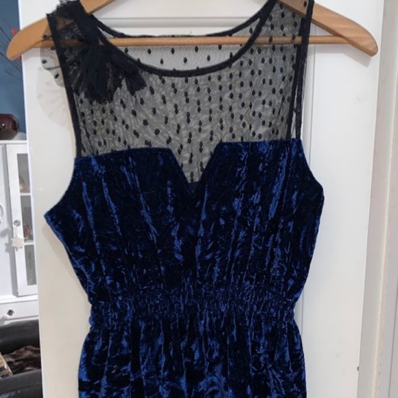 Crushed Blue Velvet cinched-waist mini dress with lace neckline & decal! - Picture 7 of 13